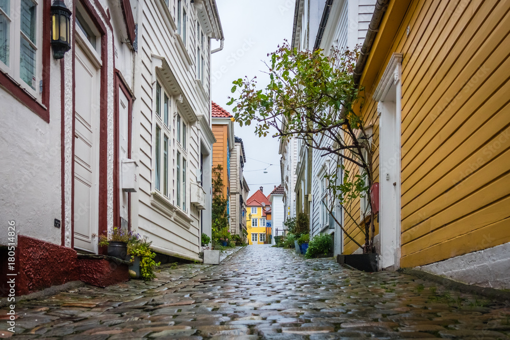 Narrow cobble stoned streets in the old part of Bergen town