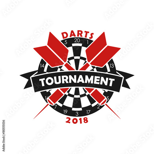 Darts tournament logo. Template for sport championship emblem with dart, dartboard and ribbon. Vector illustration.
