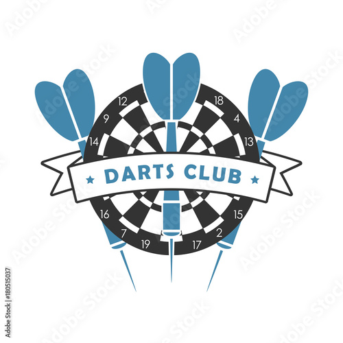 Darts club logo. Template for sport emblem with dart, dartboard and ribbon. Vector illustration.