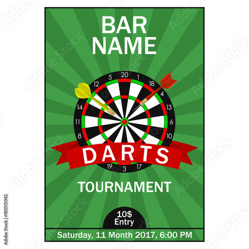 Darts tournament poster. Design template for championship sport invitation card with dart board and ribbon. Vector illustration.