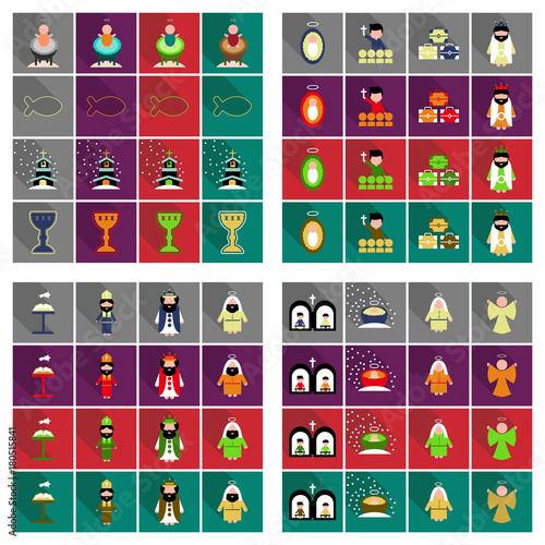 Merry Christmas set of flat icons . Birth of Christ illustration background concept.