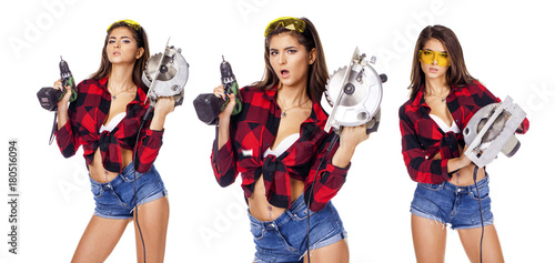 Collage  Young sexy woman holding a construction drill