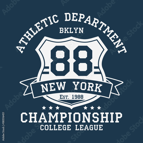 New York, BKLYN vintage number graphic for t-shirt. Original clothes design with ribbon and shield. Apparel typography. Sportswear print. Vector illustration.