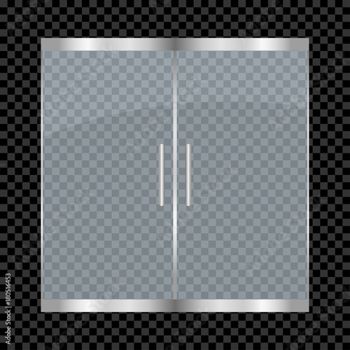 Glass door isolated on transparent background. Entry double doors for mall, office, shop, store, boutique. Vector illustration.