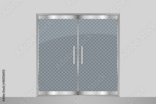 Glass door and wall. Isolated on transparent background. Entry double doors for mall, office, shop, store, boutique. Vector illustration.