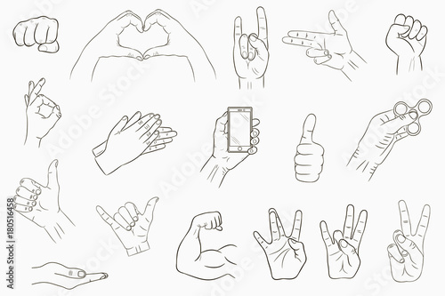 Hand gestures set. Collection of hand-drawn signs. Vector illustration.