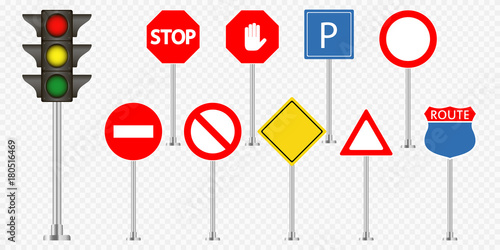 Set of road signs and traffic light on transparent background. Vector illustration.