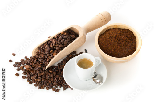 Ground coffee, coffee beans and cup of espresso