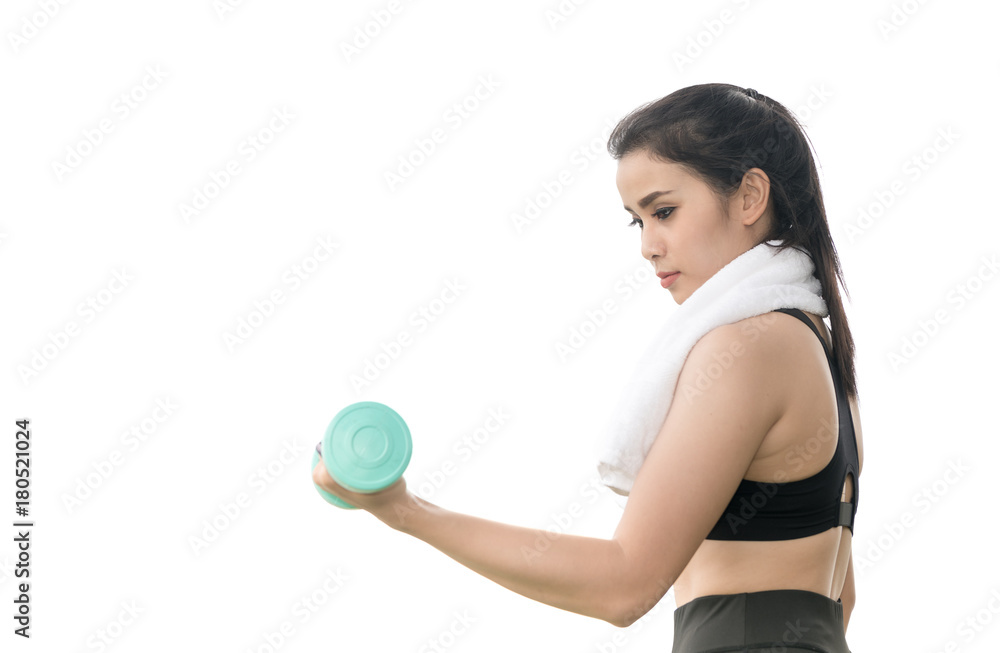 asian sporty young woman with dumbbells isolated asian sporty young woman with dumbbells isolated
