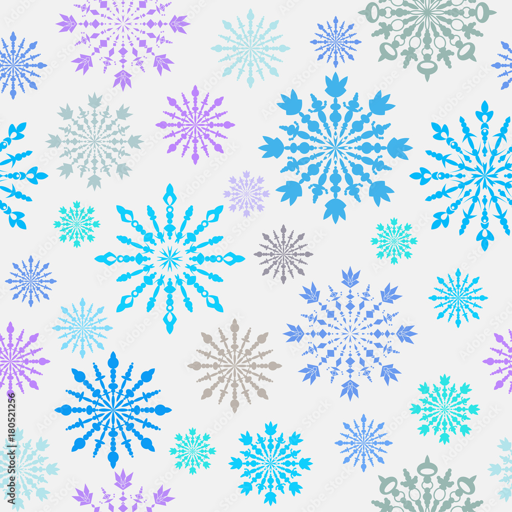 Seamless pattern with large and small colorful carved snowflakes on white background Seamless pattern with large and small colorful carved snowflakes on white background