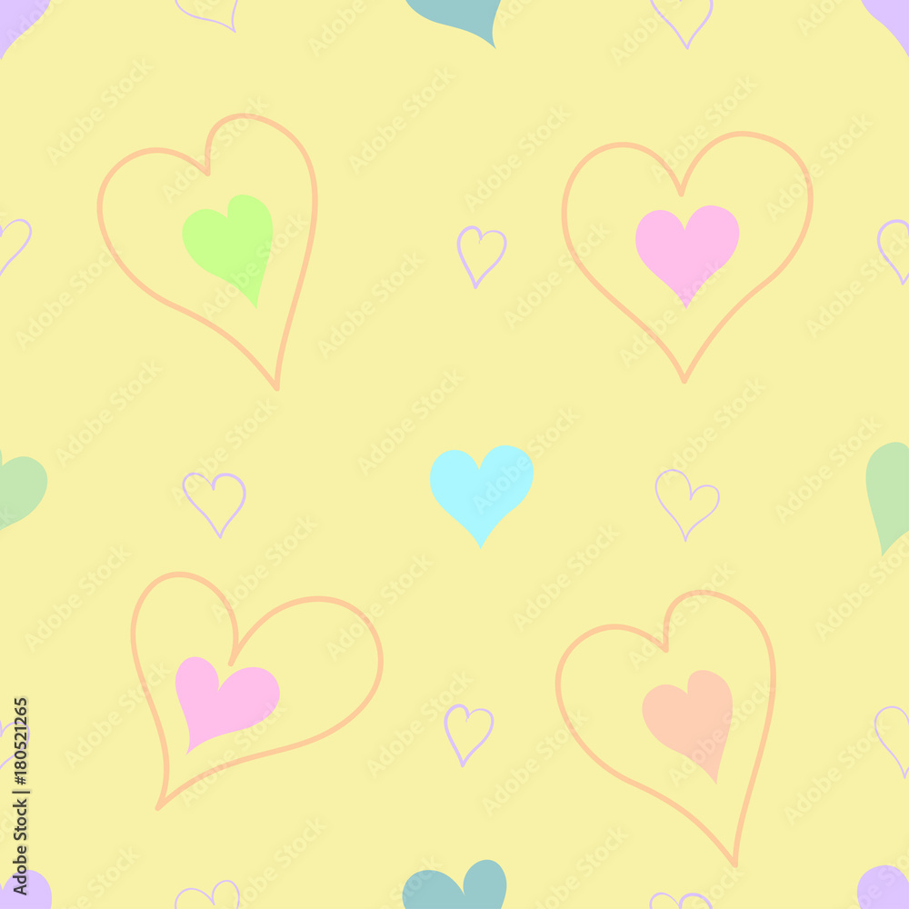 Seamless cute pink pattern with hand-drawn bows and hearts for girls