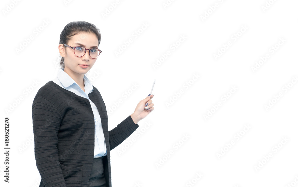 smart asian woman pointing by pencil isolated smart asian woman pointing by pencil isolated