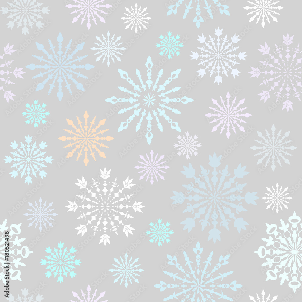 Seamless pattern with large and small colorful carved snowflakes on white background Seamless pattern with large and small colorful carved snowflakes on white background