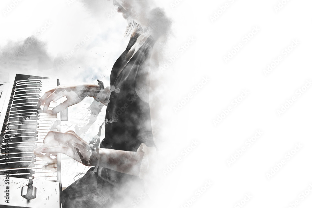 Fototapeta premium Abstract beautiful hand playing keyboard of the piano foreground Watercolor painting background and Digital illustration brush to art.