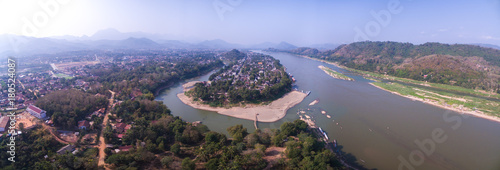 Historical City Of Luang Prabang And Mekong River, Laos, Wide Aerial Panorama