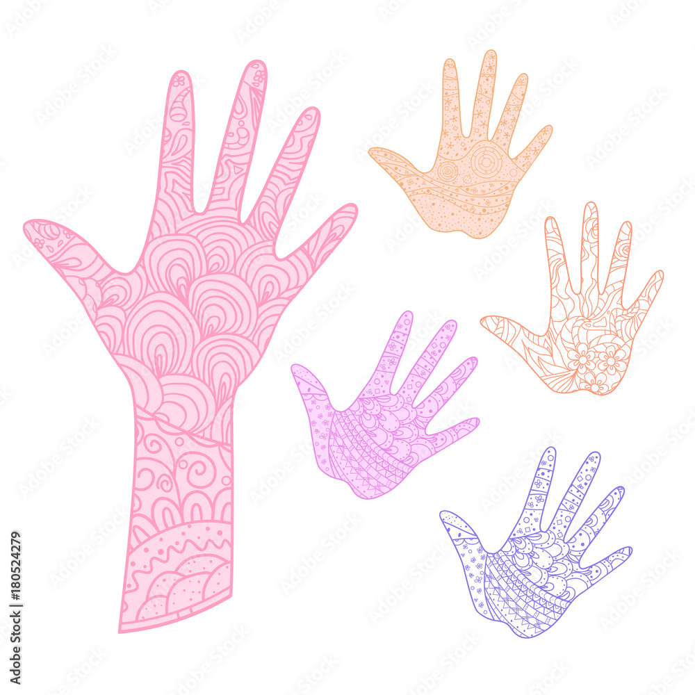 Hand. Arm. Hand drawn abstract patterns on isolation background. Design for spiritual relaxation for adults. Line art creation. Print for polygraphy, posters and textiles. Outline for t-shirts Hand. Arm. Hand drawn abstract patterns on isolation background. Design for spiritual relaxation for adults. Line art creation. Print for polygraphy, posters and textiles. Outline for t-shirts