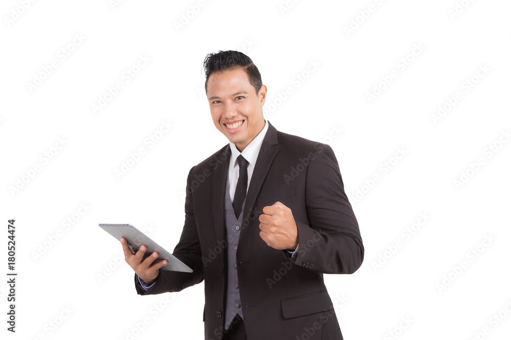 Businessman holding tablet on isolated background. Businessman holding tablet on isolated background.