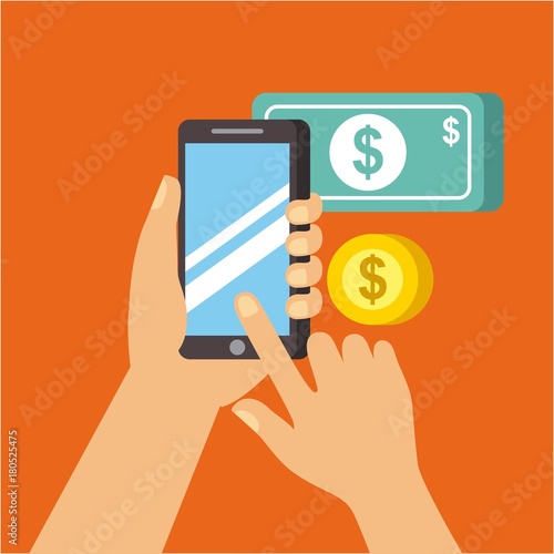 hand hold smartphone finger touch screen mobile payment vector illustration