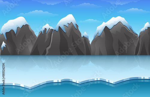 Cartoon winter arctic ice landscape with iceberg and snow mountains rocks hills