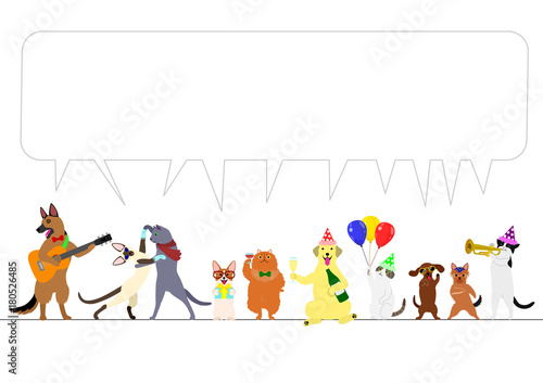 party dogs and cats border with speech bubble