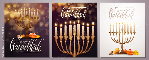 Jewish holiday Hanukkah background, realistic menorah (traditional candelabra), burning candles. Religious holiday art with Happy Hanukkah lettering, Vector illustration.