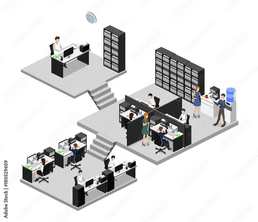 Obraz premium Isometric 3D illustration set Interior of department office with workplaces