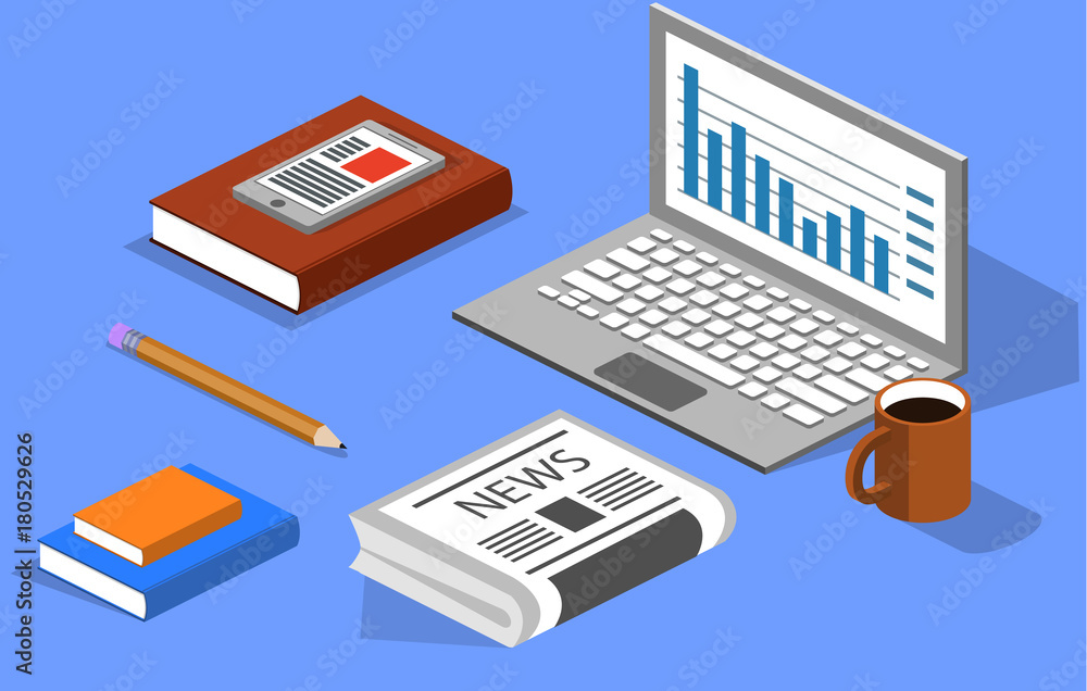 Isometric 3D vector illustration books, notebook, newspaper and phone Isometric 3D vector illustration books, notebook, newspaper and phone