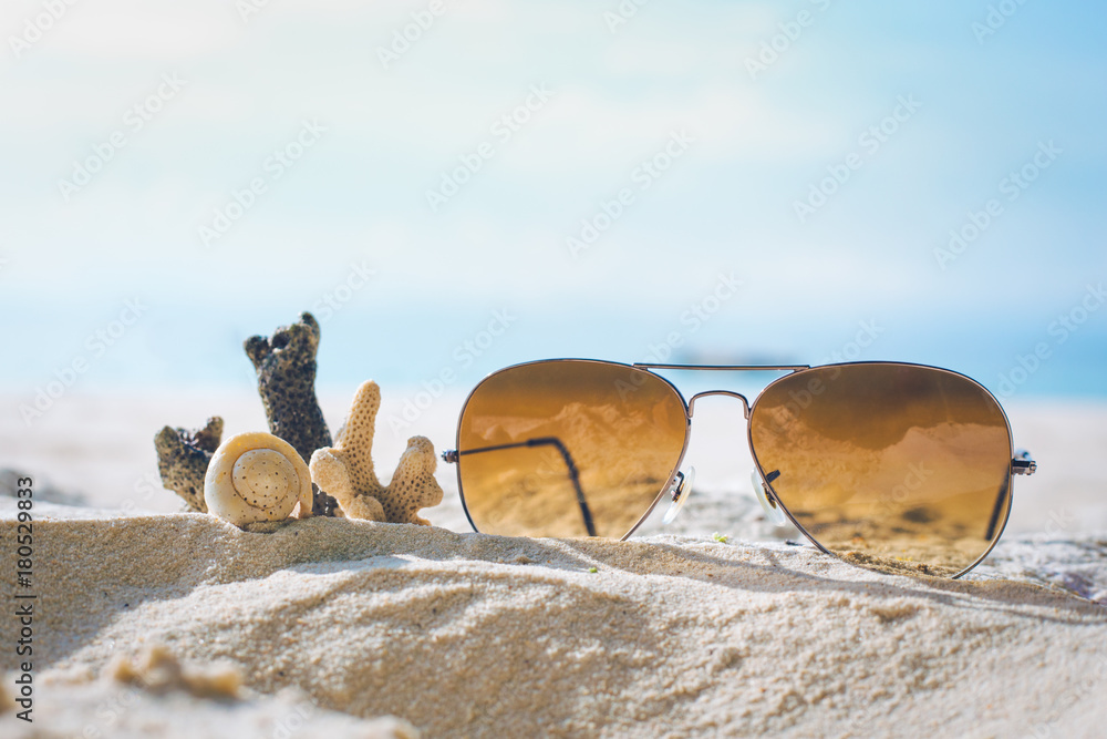 Sunglasses and Coral on the sand.