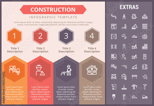 Construction infographic timeline template, elements and icons. Infograph includes numbered options, line icon set with construction worker, builder tools, repair person, house building, excavator etc
