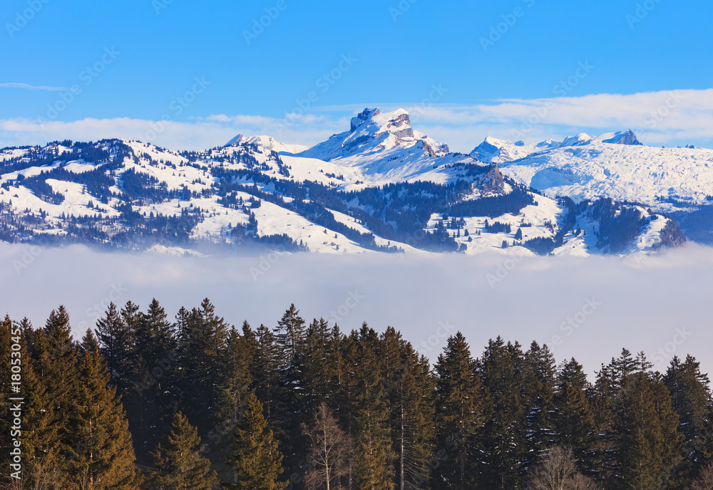 Wintertime view from the Fronalpstock mountain in the Swiss canton of Schwyz