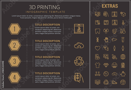 3D printing infographic timeline template, elements and icons. Infograph includes numbered options, line icon set with 3D printer, products of 3D innovation technologies, printing machine, router etc.