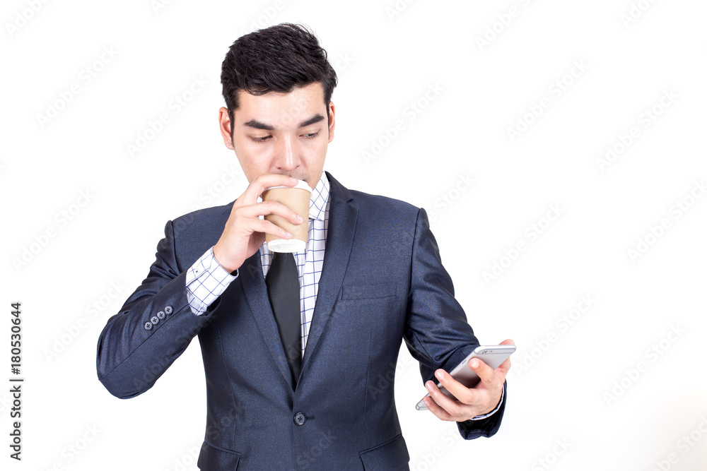 Man holding smartphone in hand for using application, Isolated on White background. Man holding smartphone in hand for using application, Isolated on White background.