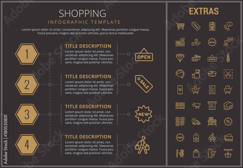 Shopping infographic timeline template, elements and icons. Infograph includes numbered options, line icon set with shopping cart, online store, mobile shop, price tag, retail business, barcode etc.