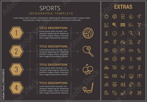 Sports infographic timeline template, elements and icons. Infograph includes numbered options, line icon set with sport equipment, sports field, competitive games, champion pedestal, athlete etc.