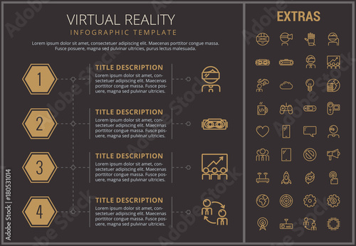 Virtual reality infographic timeline template, elements and icons. Infograph includes numbered options, line icon set with virtual reality glasses, vr technology, video game console, tech app etc.