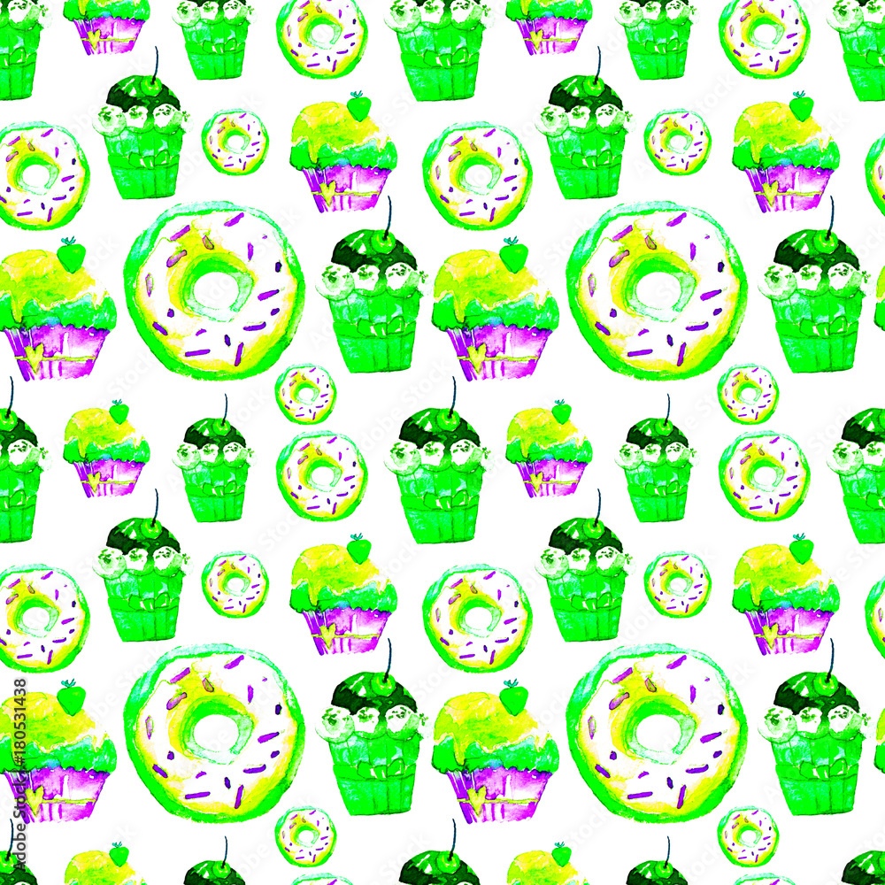 Obraz premium Sweet Seamless Pattern with Cakes, Donuts and Ice-cream. Appetizing Background for Design of Menu, Invitations, Pages of a Cookbook. Wonderful Print for Wrapping Paper, Fabric, Tiles, Wallpaper