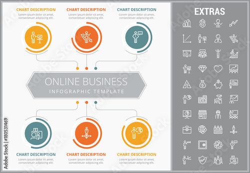 Online business infographic template, elements and icons. Infograph includes customizable graphs, charts, line icon set with stack of money, online market, business worker, mobile shop etc.
