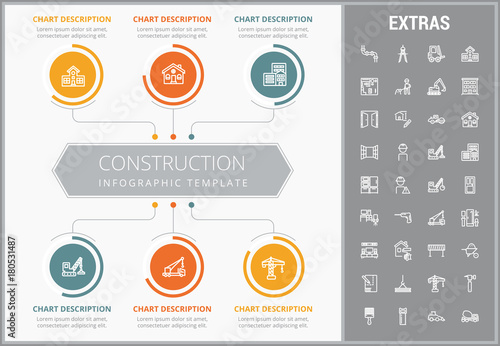 Construction infographic template, elements and icons. Infograph includes customizable graphs, charts, line icon set with construction worker, builder tools, repair person, house building etc.