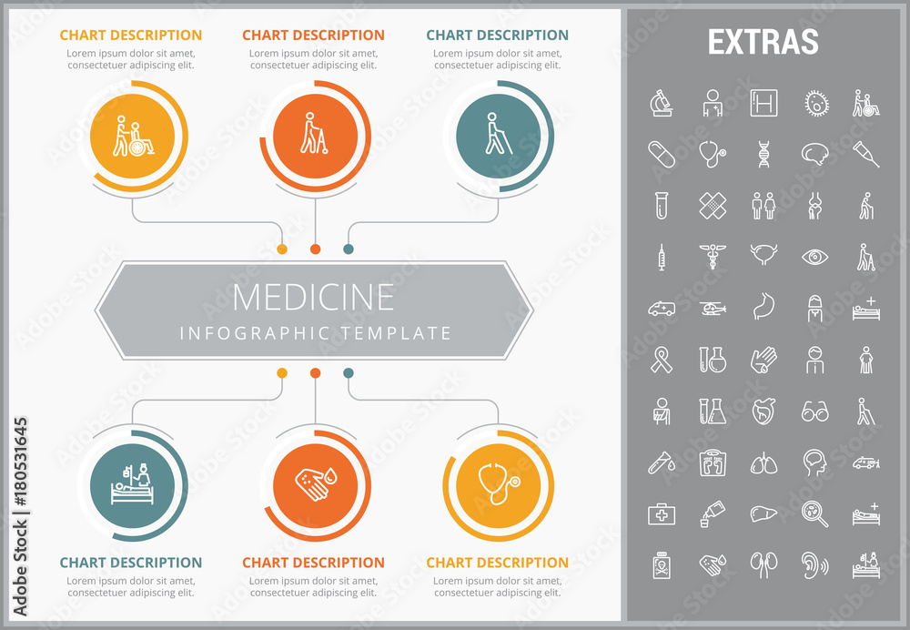 Fototapeta premium Medicine infographic template, elements and icons. Infograph includes customizable graphs, charts, line icon set with medical stethoscope, disable person, hospital doctor, nurse, first aid kit etc.