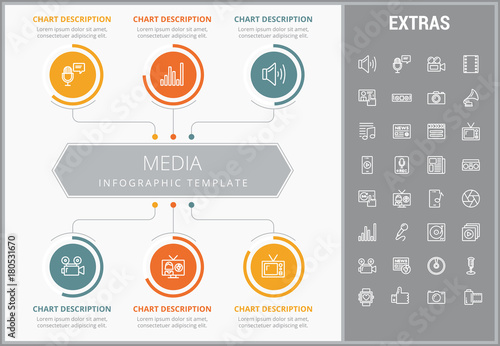 Media infographic template, elements and icons. Infograph includes customizable graphs, charts, line icon set with social media, user profile, broadcast media, music record, telecommunication etc.