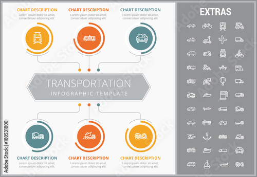 Transportation infographic template, elements and icons. Infograph includes customizable graphs, charts, line icon set with transport vehicle, truck trailer, airplane flight, car, bus, train etc.