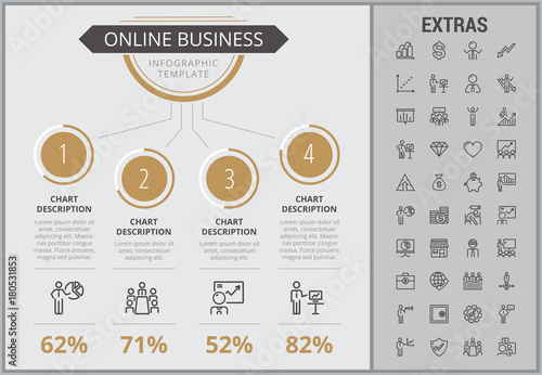 Online business infographic template, elements and icons. Infograph includes numbered customizable charts, line icon set with stack of money, online market, business worker, mobile shop etc.