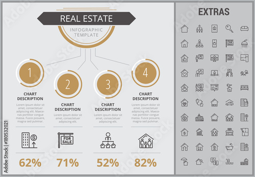 Real estate infographic template, elements and icons. Infograph includes numbered customizable charts, line icon set with real estate agent, architecture engineering, investment broker, realtor etc.