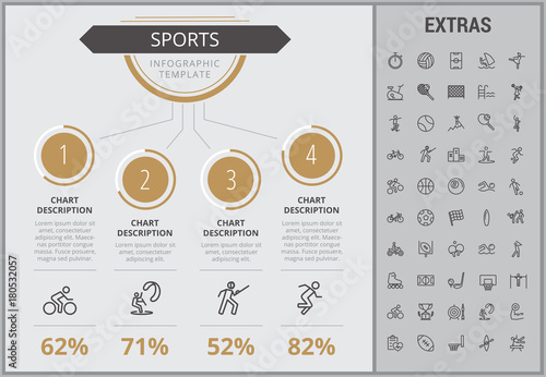 Sports infographic template, elements and icons. Infograph includes numbered customizable charts, line icon set with sport equipment, sports field, competitive games, champion pedestal, athlete etc.