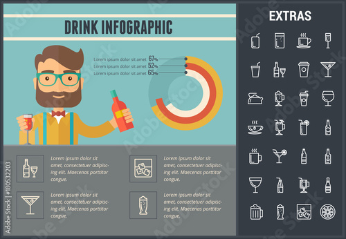 Drink infographic template, elements and icons. Infograph includes customizable graph, line icon set with bar drinks, alcohol beverage, variety of glasses and bottles, non-alcoholic beverages etc. photo