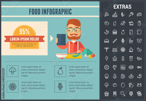 Food infographic template, elements and icons. Infograph includes line icon set with food ingredients, restaurant meal, fruit and vegetables, sweet snacks, fast food, eat plan, fish, cheese etc.