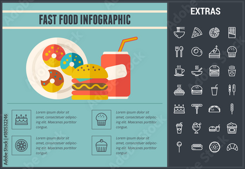 Fast food infographic template, elements and icons. Infograph includes line icon set with fast food, a piece of pizza, sweet snacks, restaurant meal, unhealthy nutrition, kitchen utensils, taco etc.