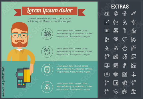 Online business infographic template, elements and icons. Infograph includes line icon set with stack of money, online market, business person, mobile shop, global network, marketing analytics etc.