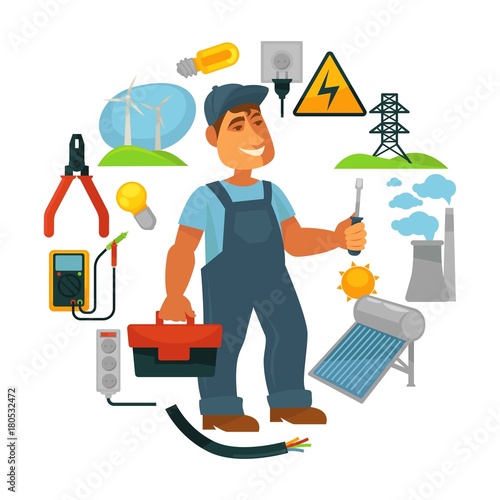 Electrician in overalls surrounded with electricity sources and tools