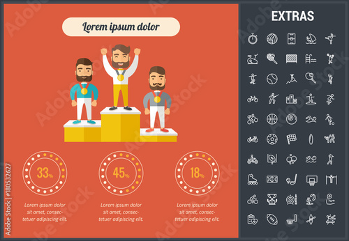 Sports infographic template, elements and icons. Infograph includes customizable graphs, charts, line icon set with sport equipment, sports field, competitive games, champion pedestal, athlete etc.